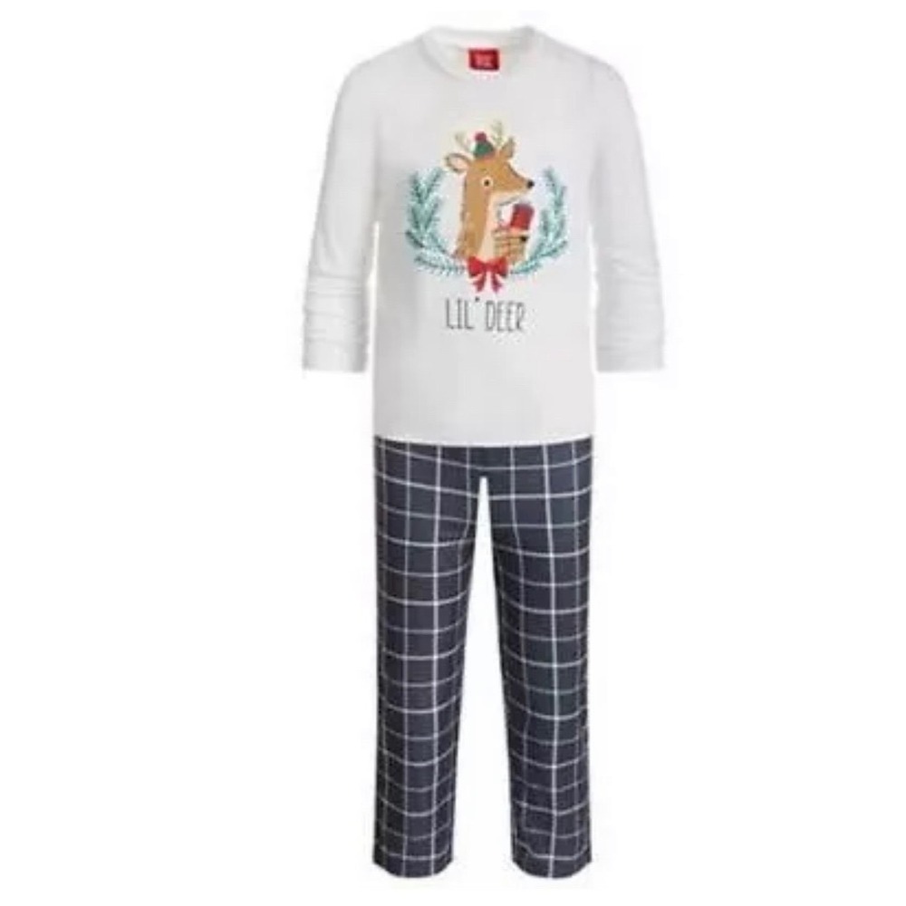 Kids Unisex Lil Deer Reindeer Plaid Pajama Set White Grey 6-7 NWT Christmas